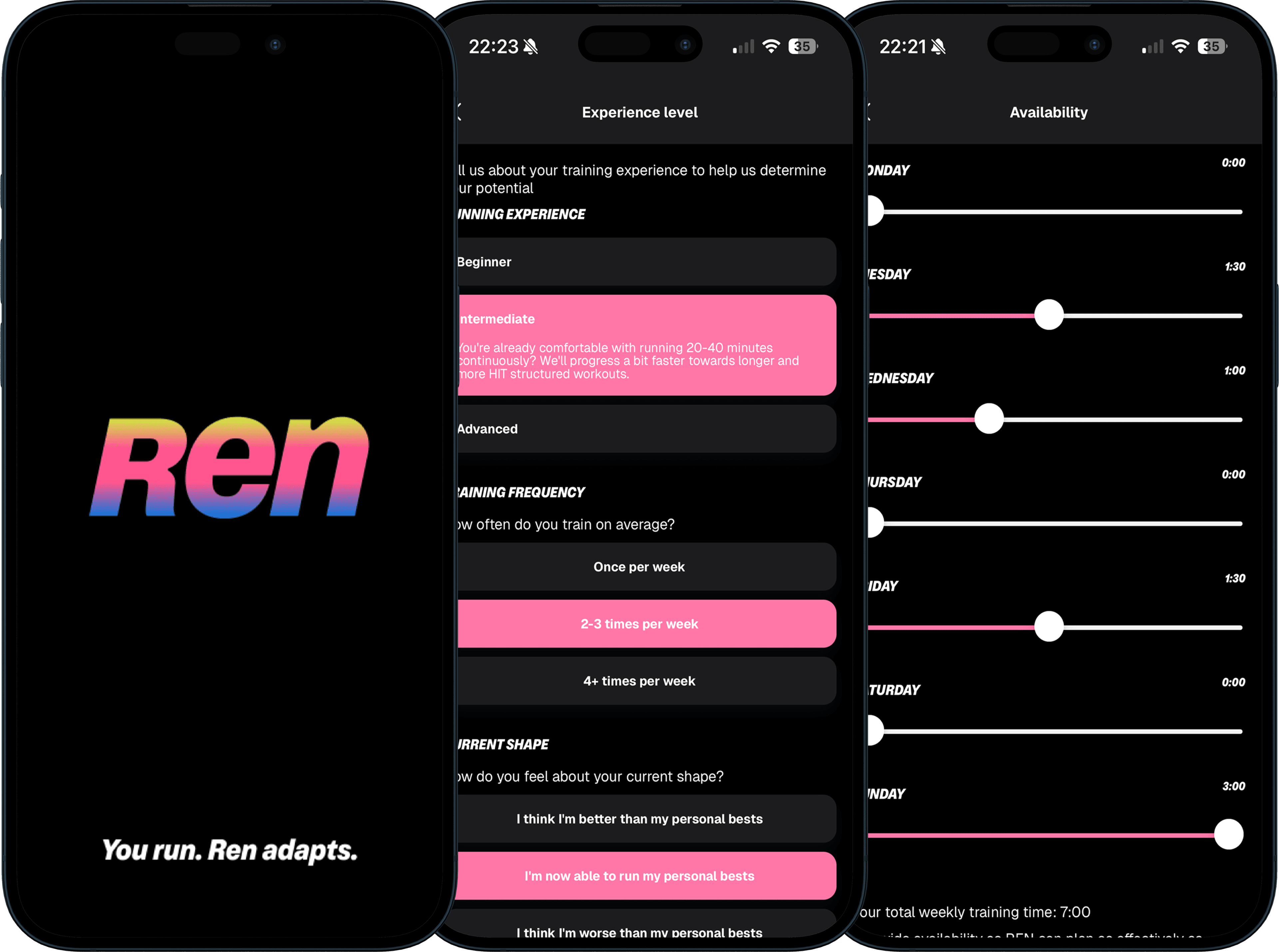 REN app onboarding screens showing experience level and availability setup