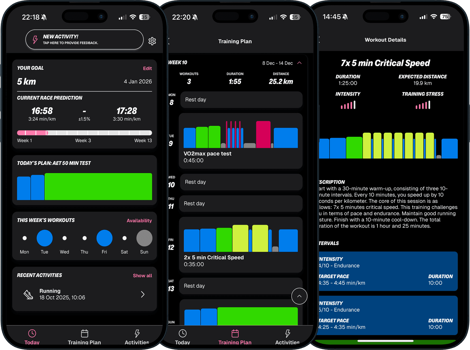 REN app training screens showing today view, training plan, and workout details