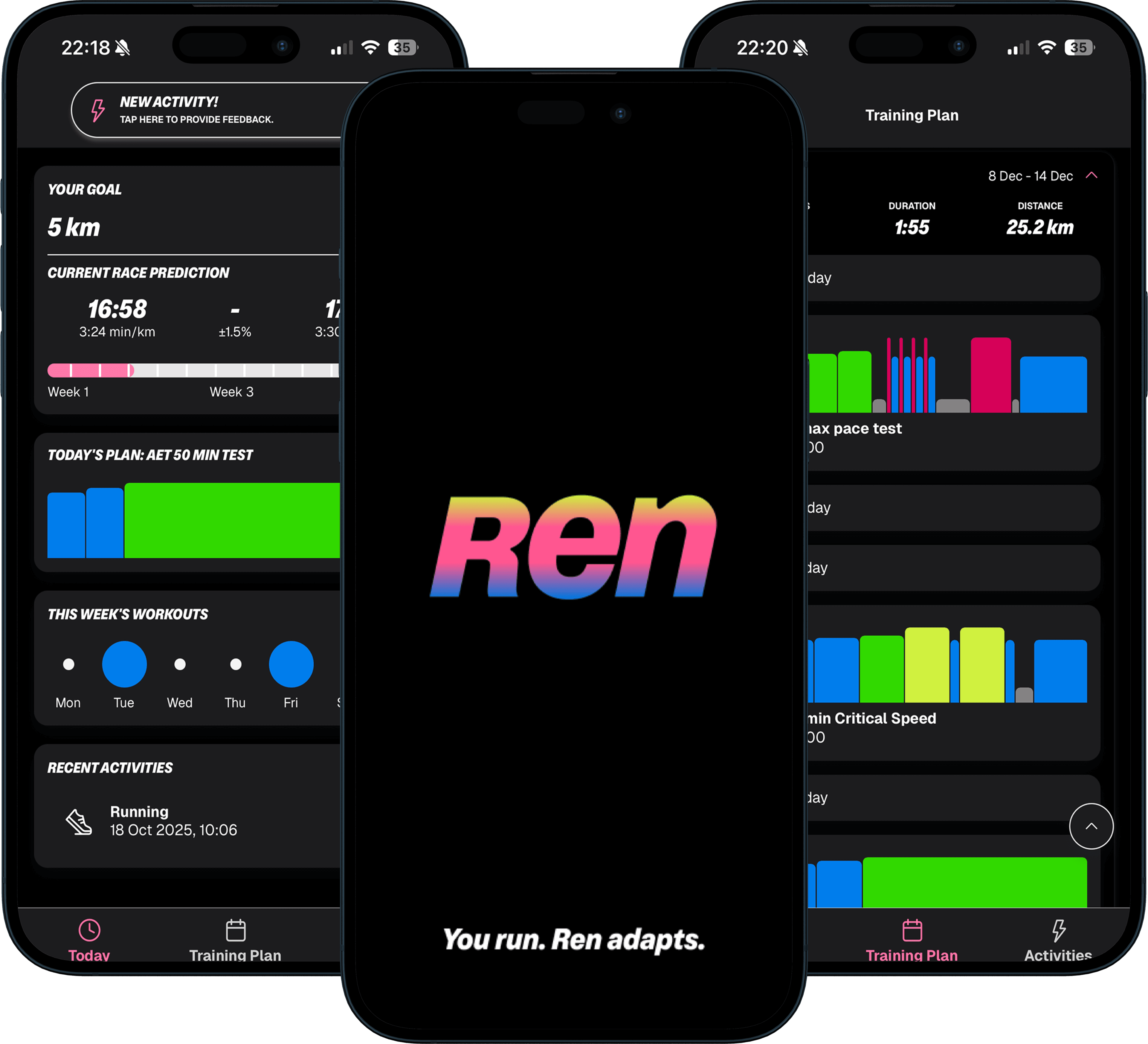 REN app screens showing Today view, branding, and Training Plan