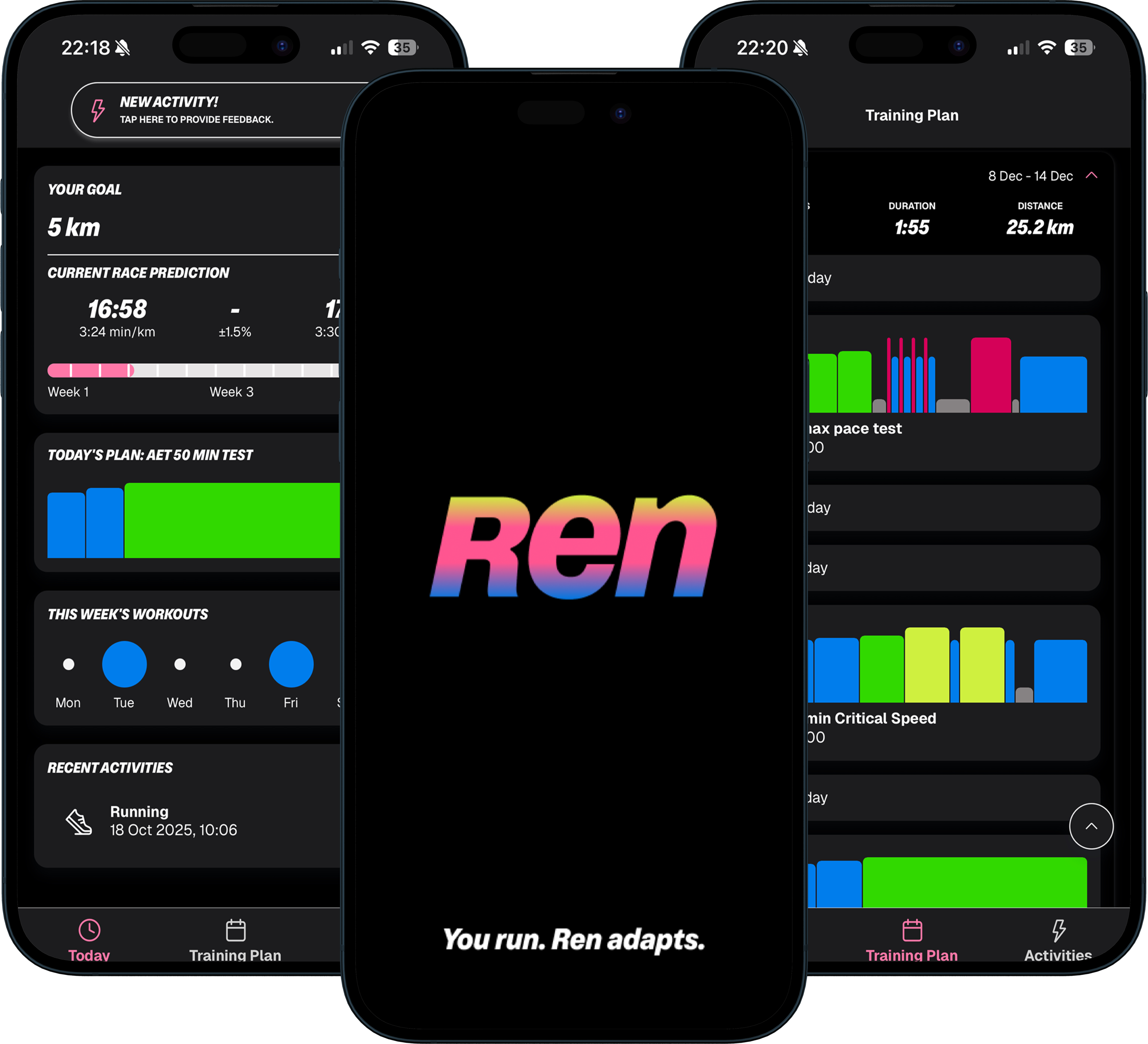 REN app screens showing Today view, branding, and Training Plan