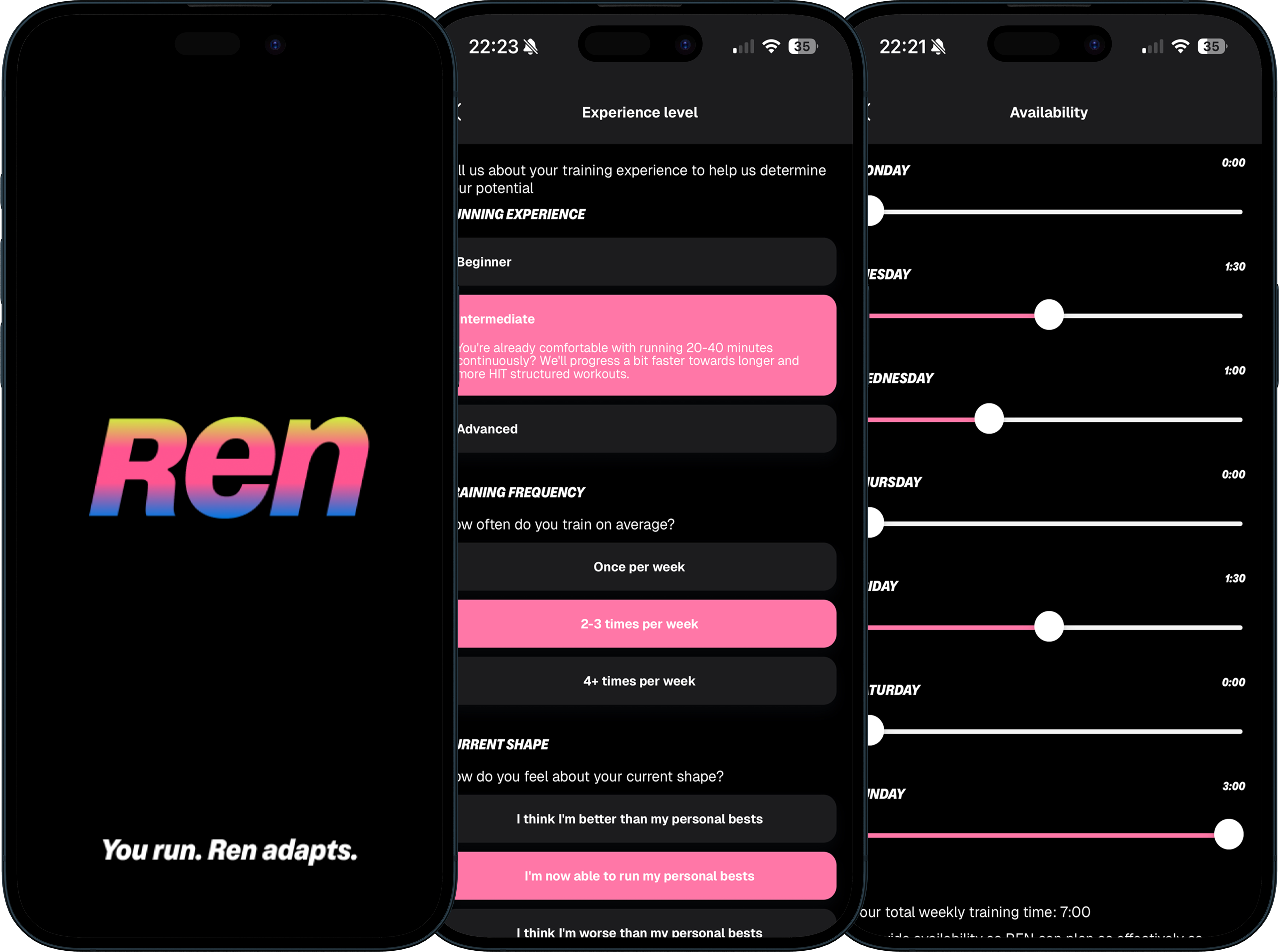 REN app onboarding screens showing experience level and availability setup